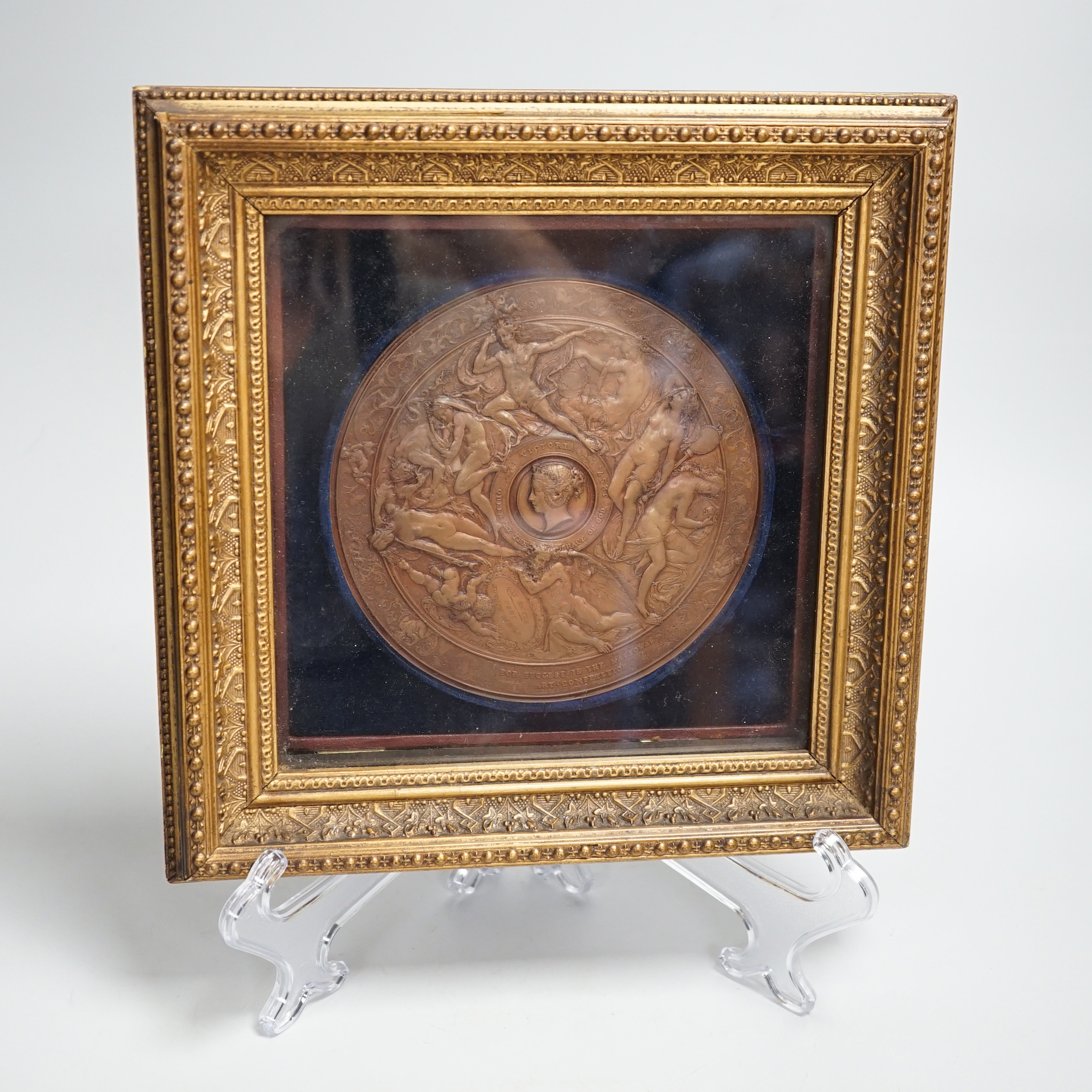 Antoine Vechte (1799-1868), art commemorative medal awarded 1860, for success in the National Art Competition, mounted in gilt frame, 25.5cm x 25.5cm